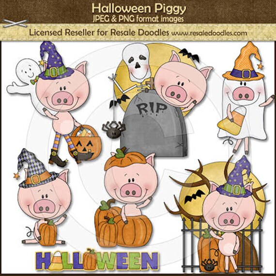 Halloween Piggy - Halloween Clipart - Resale Doodles - Tombstone - Bat - Trick or Treat - Halloween Pig - Cute Pig - Pig Witch - Ghost Pig