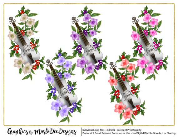 White Violin & Flowers Graphics | Commercial Use Digital Designer Tools