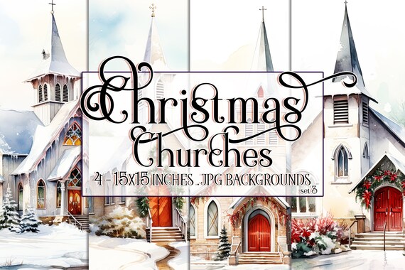 Christmas Church Watercolor 15x15 Backgrounds, Christmas Country Church, Church Christmas Time, Winter Church Background, White Church