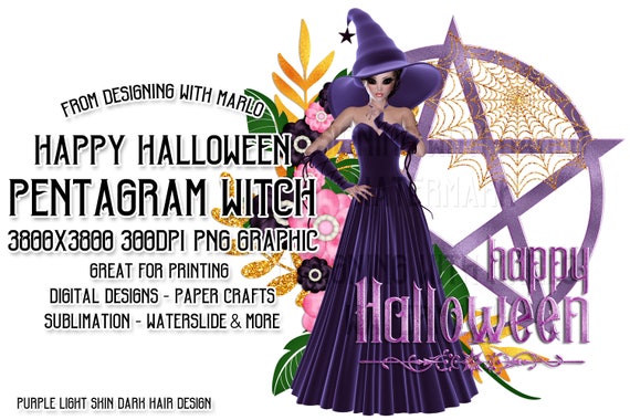 Happy Halloween Purple Pentagram Witch PNG Graphic, Dark Hair Color Witch, Purple Flowers, Autumn Witch, Pink Flowers, Halloween Witch