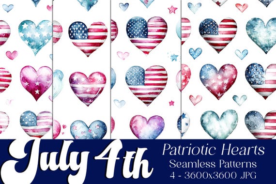 July 4th Hearts Patterns, July 4th Patterns, Heart Patterns, July 4th Heart Seamless Patterns, 4th of July Heart Seamless Patterns,