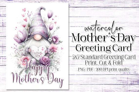 Happy Mother's Day Card - Card for Mom - Mother's Day Printable - 5"x7" - Greeting Card Printable - Watercolor Gnome Printable Card