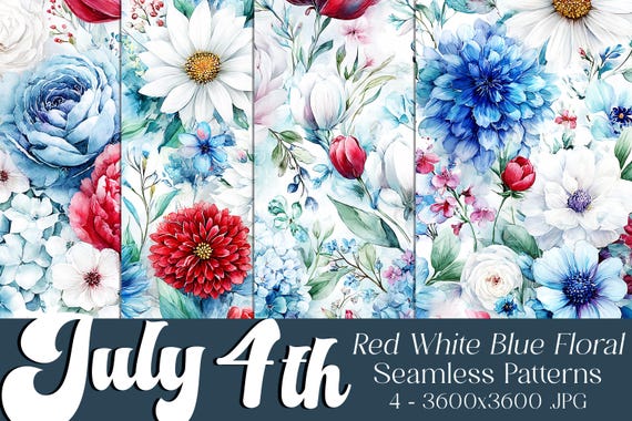 July 4th Seamless Patterns, July 4th Patterns, Red White Blue Flower Pattern, July 4th Flowers, 4th of July Flowers, Floral Seamless Pattern