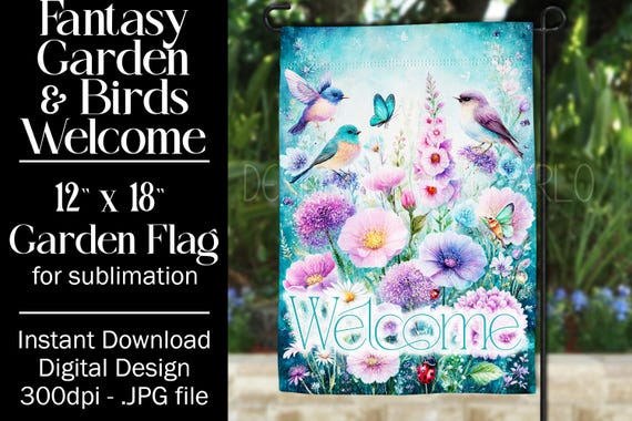 Fantasy Floral Garden Flag Sublimation Design - 12x18 Garden Flag - Gift for Gardener - Sublimation Design Garden Flag, Bird Garden Flag, d6