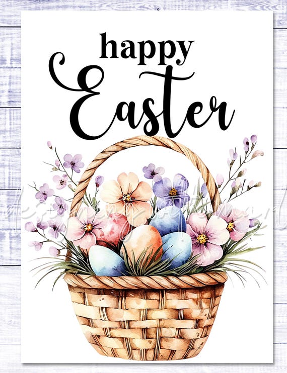 Happy Easter Card - Easter Basket - Easter Printable - 5"x7" - Greeting Card Printable - Watercolor Easter Basket Greeting Card Printable