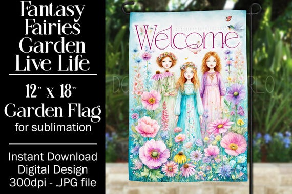 Fairies Garden Flag Sublimation Design, 12x18 Flag, Sublimation Fairy, Sublimation Garden Flag,  3 Fairies Welcome Garden Flag Background