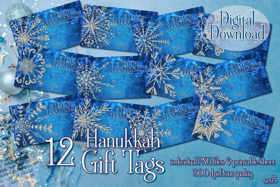 Happy Hanukkah Gift Tags, Silver Glitter Snowflake gift tag, Glitter gift tag, Hanukkah label, Printable gift tags, Hanukkah png, Snowflake
