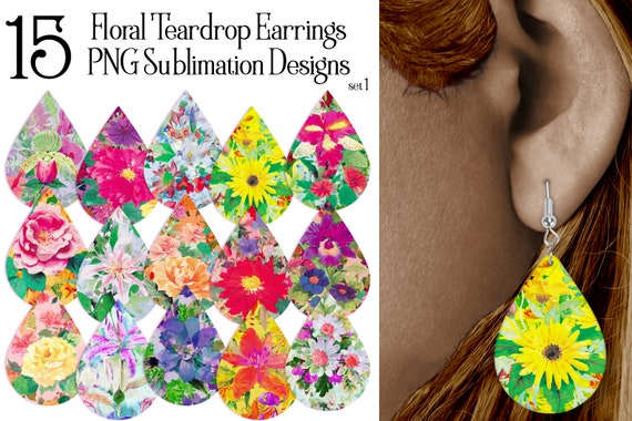 Floral Teardrop Earring .PNG Sublimation Designs, Flower Earrings, Daisy Earring, Rose Earring, Sublimation Teardrop Earring, Floral set 1
