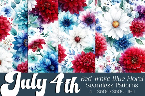 July 4th Seamless Patterns, July 4th Patterns, Red White Blue Flower Pattern, July 4th Flowers, 4th of July Flowers, Floral Seamless Pattern