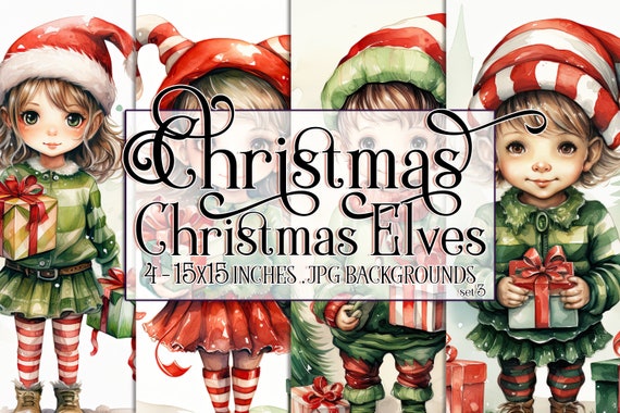 Christmas Elves Watercolor 15x15 Backgrounds, Christmas Elf, Santa's Little Helper, Santa's Helper, North Pole, Holiday Elf, Sublimation