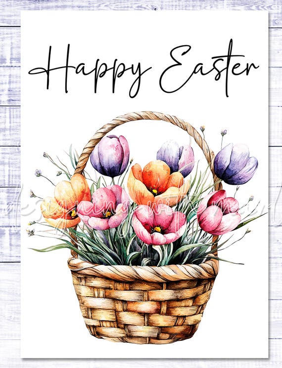 Happy Easter Card - Easter Basket - Easter Printable - 5"x7" - Greeting Card Printable - Watercolor Easter Basket Greeting Card Printable