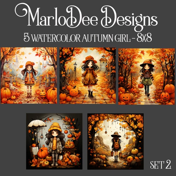 Autumn Girls Backgrounds, Autumn Season, Fall Girl, Fall Season, Sublimation, Watercolor Style Backgrounds, 8x8, Card Topper - set 2