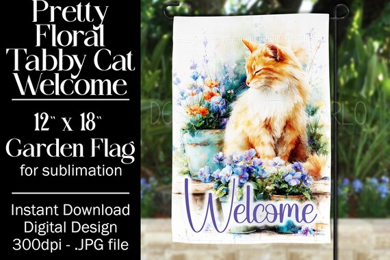 Tabby Cat Garden Flag Sublimation Design, 12x18 Garden Flag, Gift for Cat Lover, Sublimation Design,  Floral Cat Garden Flag, Orange Cat f1