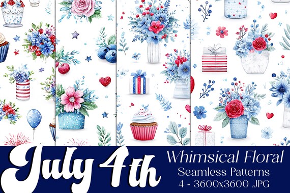 July 4th Floral Patterns, July 4th Patterns, Flower Patterns, July 4th Floral Seamless Pattern, 4th of July Flower Seamless Patterns, Whimsy