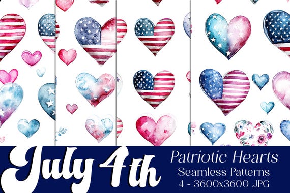 July 4th Hearts Patterns, July 4th Patterns, Heart Patterns, July 4th Heart Seamless Patterns, 4th of July Heart Seamless Patterns,
