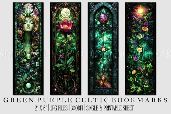 Irish Celtic Printable Bookmark, Irish Bookmark, Celtic Bookmark, Printable, JPG Bookmark, St Patrick's Day, Fantasy Bookmark, Green Purple