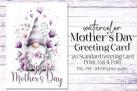 Happy Mother's Day Card - Card for Mom - Mother's Day Printable - 5"x7" - Greeting Card Printable - Watercolor Gnome Printable Card