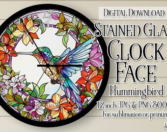 Hummingbird Wall Clock, Hummingbird Clock Face, Stained Glass Style Clock, Printable Clock Face, Sublimation Clock, DIGITAL DOWNLOAD PNG