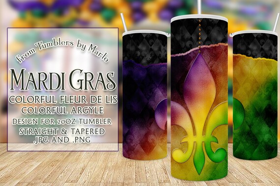 Mardi Gras Tumbler, Fleur de Lis Tumbler Sublimation Digital Design, colorful gradient tumbler wrap, argyle tumbler, sublimation tumbler png