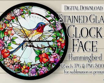 Hummingbird Wall Clock, Hummingbird Clock Face, Stained Glass Style Clock, Printable Clock Face, Sublimation Clock, DIGITAL DOWNLOAD PNG