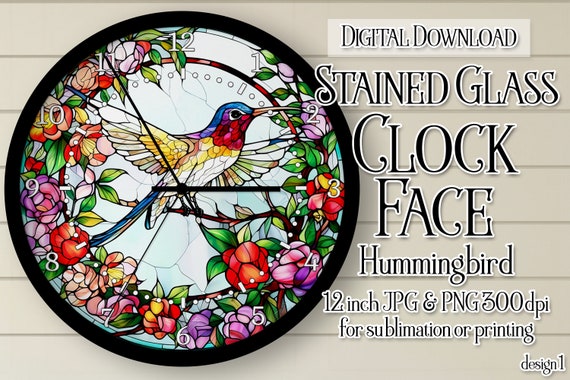 Hummingbird Wall Clock, Hummingbird Clock Face, Stained Glass Style Clock, Printable Clock Face, Sublimation Clock, DIGITAL DOWNLOAD PNG