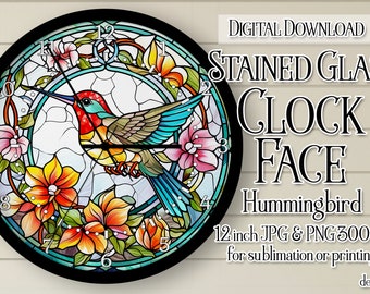 Hummingbird Wall Clock, Hummingbird Clock Face, Stained Glass Style Clock, Printable Clock Face, Sublimation Clock, DIGITAL DOWNLOAD PNG