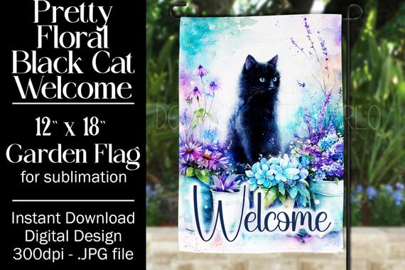 Black Cat Garden Flag Sublimation Design, 12x18 Garden Flag, Gift for Cat Lover, Sublimation Design,  Floral Cat Garden Flag, f1