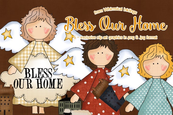 Bless Our Home Prim Angels - Whimsical Inklings Exclusive Clip Art