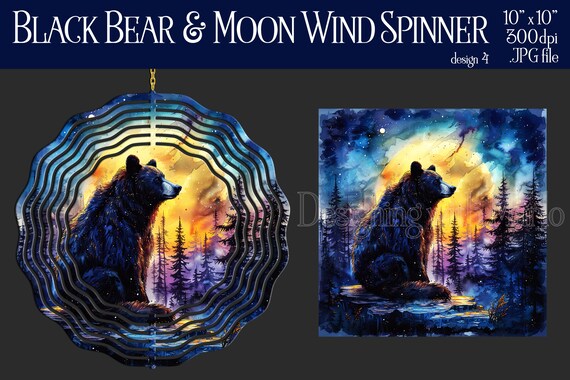 Black Bear Wind Spinner Sublimation | Black Bear & Moon Wind Spinner | Digital Design Wind Spinner | Sublimation Wind Spinner | Bear Spinner