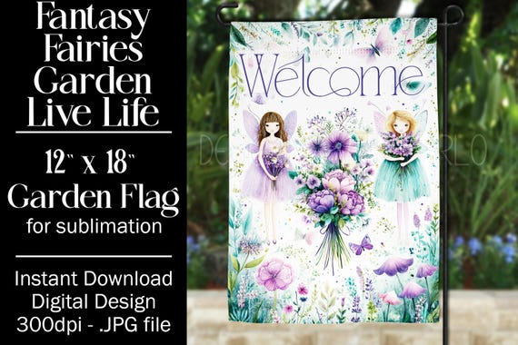 Fairies Garden Flag Sublimation Design, 12x18 Flag, Sublimation Fairy, Sublimation Garden Flag,  3 Fairies Welcome Garden Flag Background