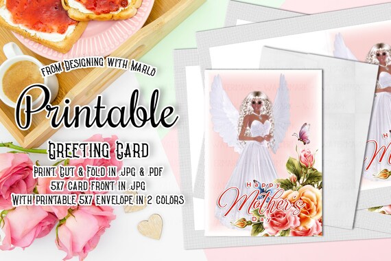 Fantasy Angel - Blonde Hair - Printable 5x7 Standard Mother's Day Greeting Card and Printable 5x7 Envelopes