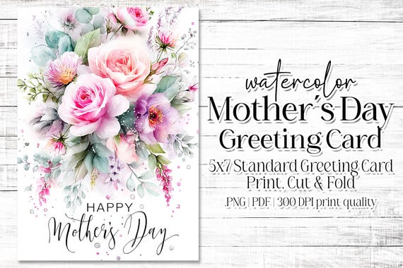 Happy Mother's Day Card - Card for Mom - Mother's Day Printable - 5"x7" - Greeting Card Printable - Watercolor Floral Printable Card
