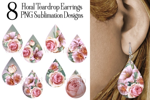 Floral Teardrop Earring .PNG Sublimation Designs, Flower Earrings, Pink Flower Earring, Pink Rose Earring, Pink Floral Earring, Pink Earring