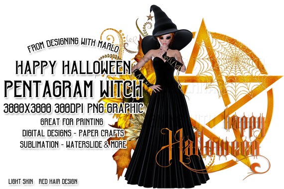 Happy Halloween Golden Pentagram Witch PNG Graphic, Red Hair Color, Fall Season Witch, Autumn Witch, Sunflowers, Sublimation Halloween