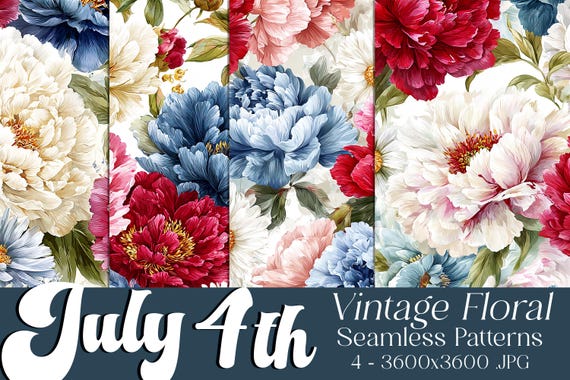 July 4th Seamless Patterns, July 4th Patterns, Vintage Floral Patterns, July 4th Flowers, 4th of July Flowers, Vintage Seamless Patterns