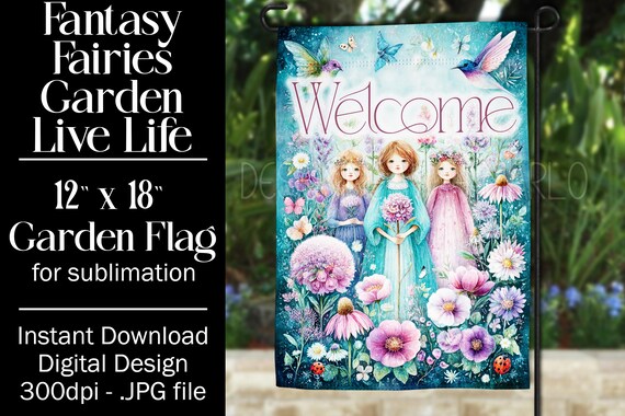 Fairies Garden Flag Sublimation Design, 12x18 Flag, Sublimation Fairy, Sublimation Garden Flag,  3 Fairies Welcome Garden Flag Background