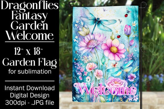 Dragonflies Garden Flag Sublimation Design, 12x18 Garden Flag, Gift for Gardener, Sublimation Garden Flag,  Floral Fantasy Garden Flag, f4