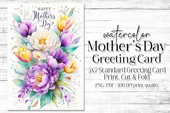 Happy Mother's Day Card - Card for Mom - Mother's Day Printable - 5"x7" - Greeting Card Printable - Watercolor Floral Printable Card