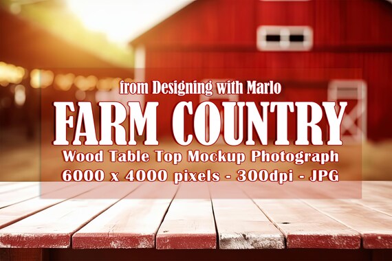 Farm Mockup, Country Mockup, Countryside Mockup. Front View Mockup, Wood Table Top Mockup Photograph, Red Barn, Farm Animals, Rustic, p7