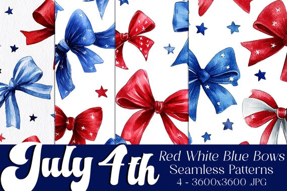 July 4th Seamless Patterns, July 4th Patterns, Red White Blue Bows Pattern, July 4th Flag, 4th of July, Seamless Bows Pattern, Ribbons