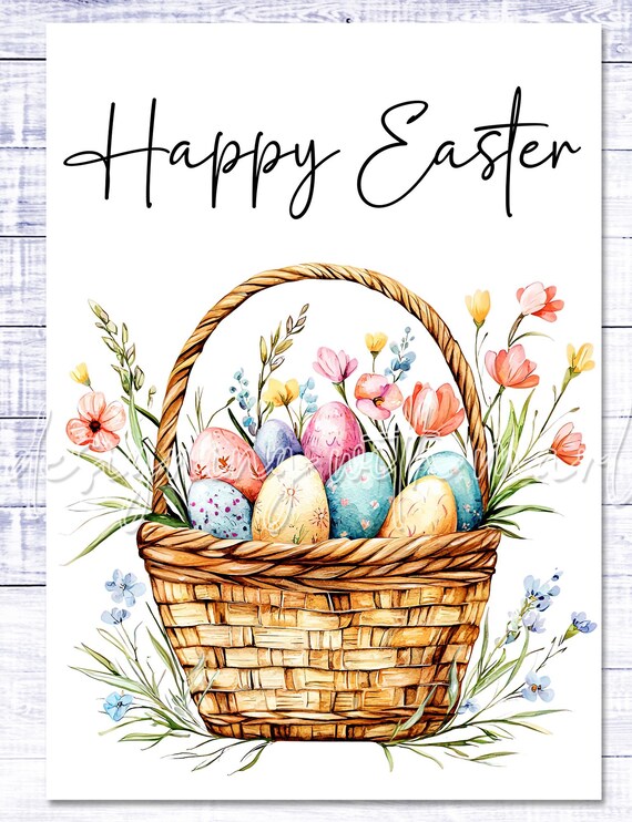 Happy Easter Card - Easter Basket - Easter Printable - 5"x7" - Greeting Card Printable - Watercolor Easter Basket Greeting Card Printable