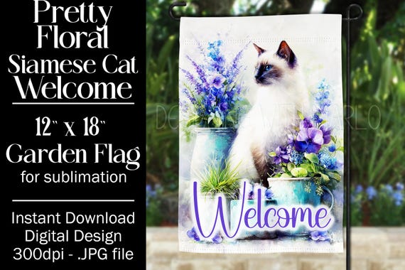 Siamese Cat Garden Flag Sublimation Design, 12x18 Garden Flag, Gift for Cat Lover, Sublimation Design,  Floral Cat Garden Flag, f2