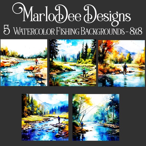 Fish Backgrounds, Father's Day, Sublimation, Watercolor Fishing Style Backgrounds, 8x8, Card Toppers, Watercolor Fishing Scene, Fishing Trip