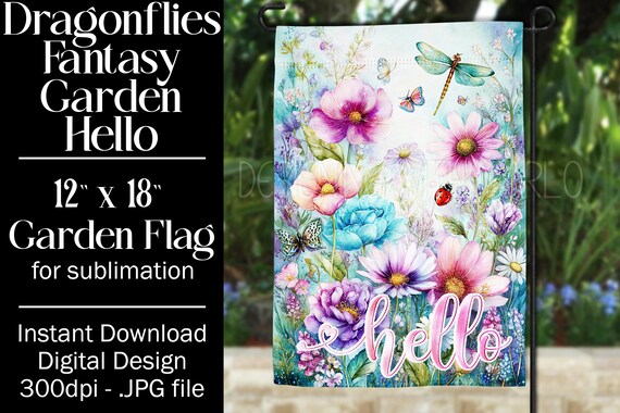 Dragonflies Garden Flag Sublimation Design, 12x18 Garden Flag, Gift for Gardener, Sublimation Garden Flag,  Floral Fantasy Garden Flag