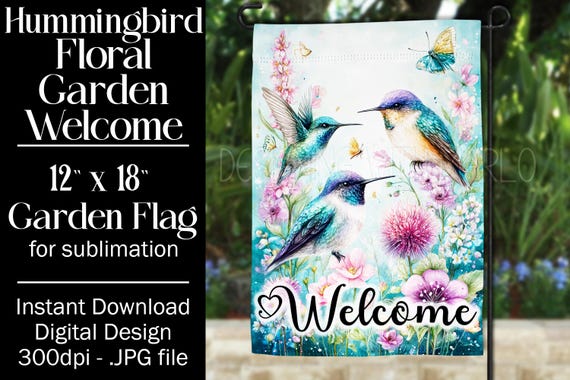 Hummingbird Garden Flag Sublimation Design, 12x18 Flag, Sublimation Hummingbird, Sublimation Garden Flag,  Welcome Garden Flag, Pollinators