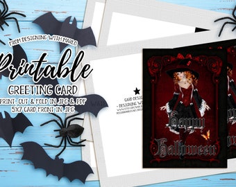 Black & Red Pretty Witch - Printable Happy Halloween Greeting Card
