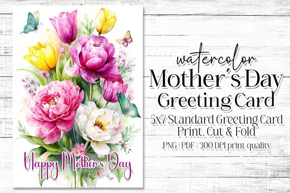 Happy Mother's Day Card - Card for Mom - Mother's Day Printable - 5"x7" - Greeting Card Printable - Watercolor Floral Printable Card