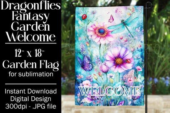 Dragonflies Garden Flag Sublimation Design, 12x18 Garden Flag, Gift for Gardener, Sublimation Garden Flag,  Floral Fantasy Garden Flag