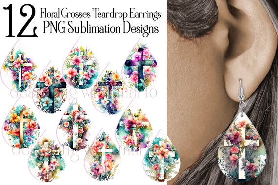Floral Cross Teardrop Earring .PNG Sublimation Designs, Christian Earrings, Cross Earrings, Religious Earrings, Christian PNG Designs