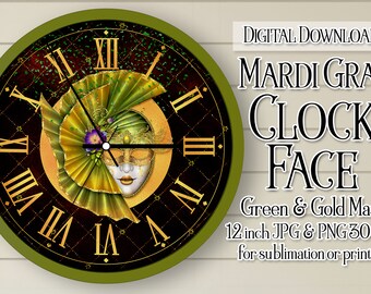 Mardi Gras Clock, Mardi Gras Clock Face, Mardi Gras Mask Clock, Printable Clock Face, Sublimation Clock, DIY Clock, Clock Face for Crafts d4